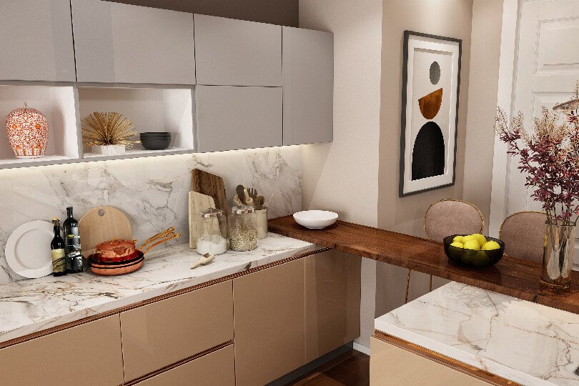 Island kitchen with handleless Capuccino and ivory white cabinet1