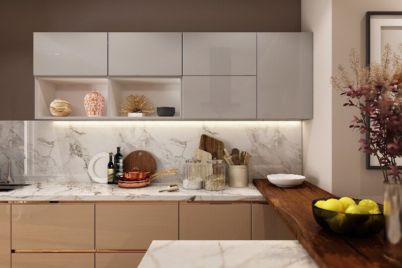 Island kitchen with handleless Capuccino and ivory white cabinet1