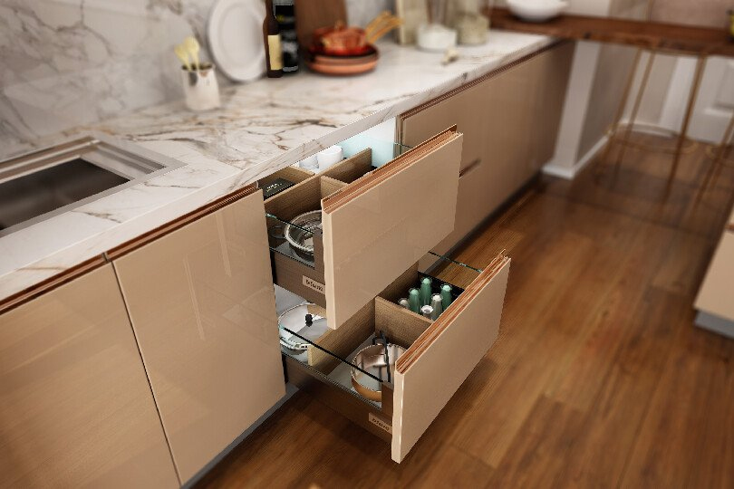 Island kitchen with handleless Capuccino and ivory white cabinet1