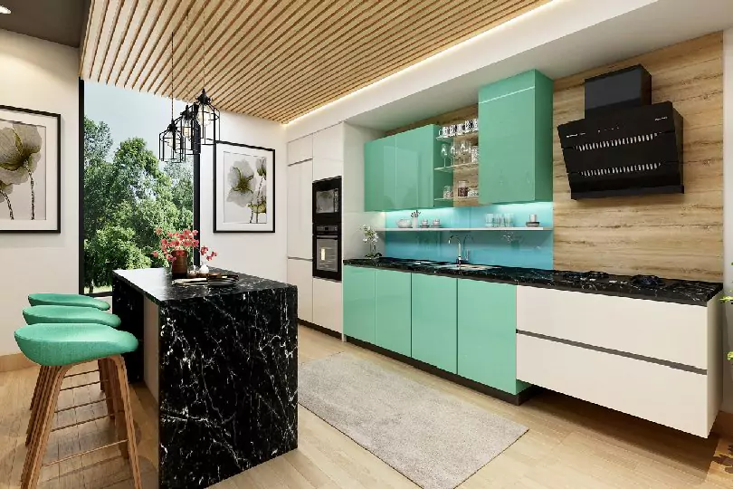 Island kitchen with handleless sea green and white cabinet1