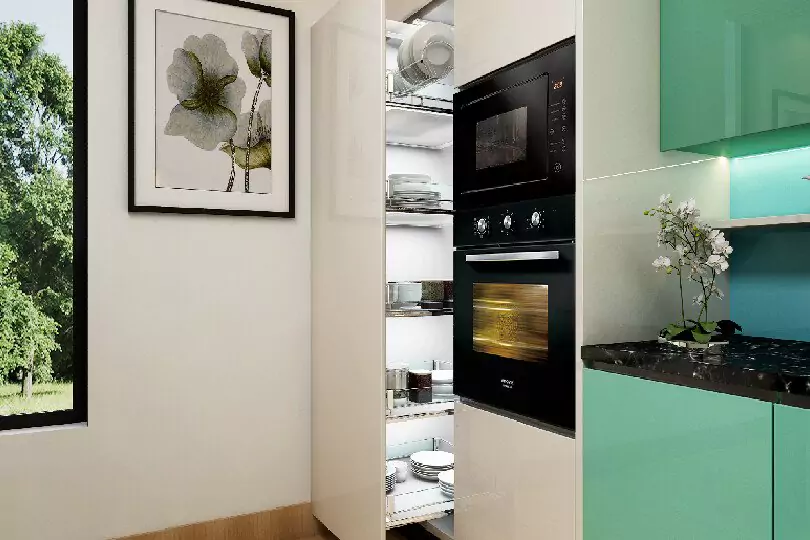 Island kitchen with handleless sea green and white cabinet1