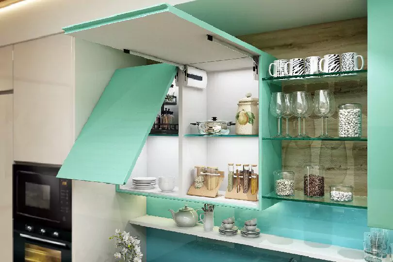 Island kitchen with handleless sea green and white cabinet1