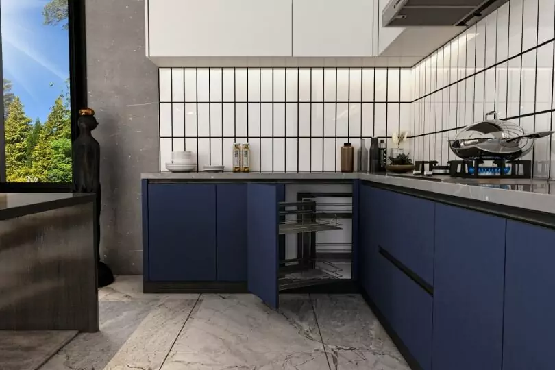 Island kitchen with midnight blue and white wall unit1