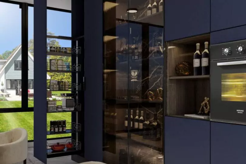 Island kitchen with midnight blue and white wall unit1