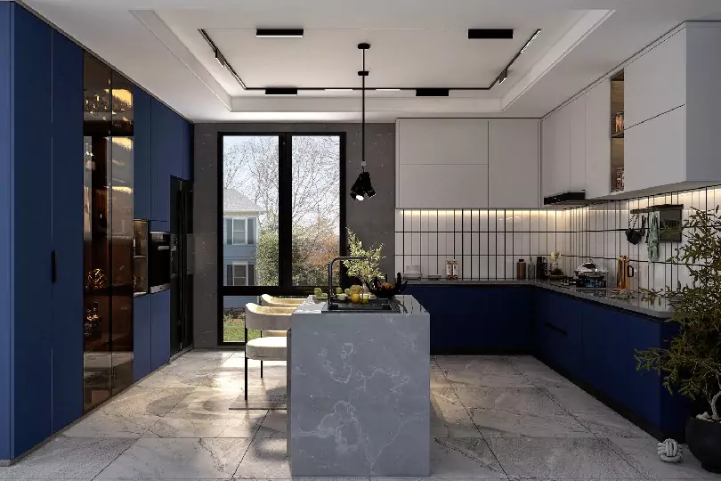 Island kitchen with midnight blue and white wall unit1