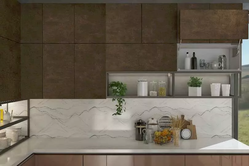 Island kitchen with peach and stone textured cabinets1