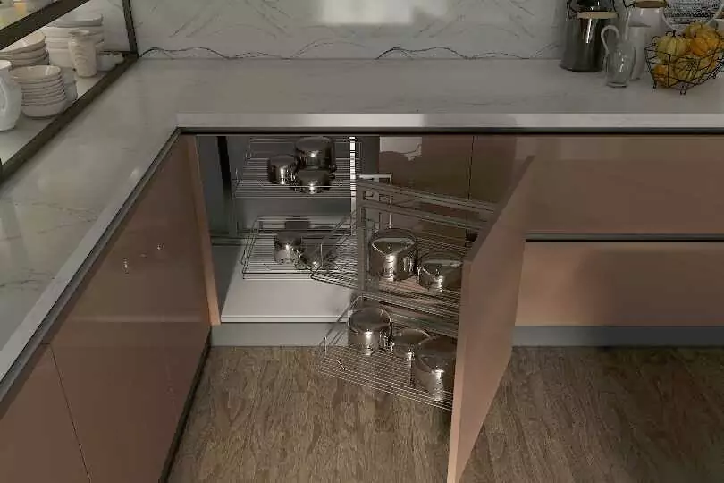 Island kitchen with peach and stone textured cabinets1