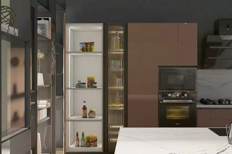 Island kitchen with peach and stone textured cabinets1