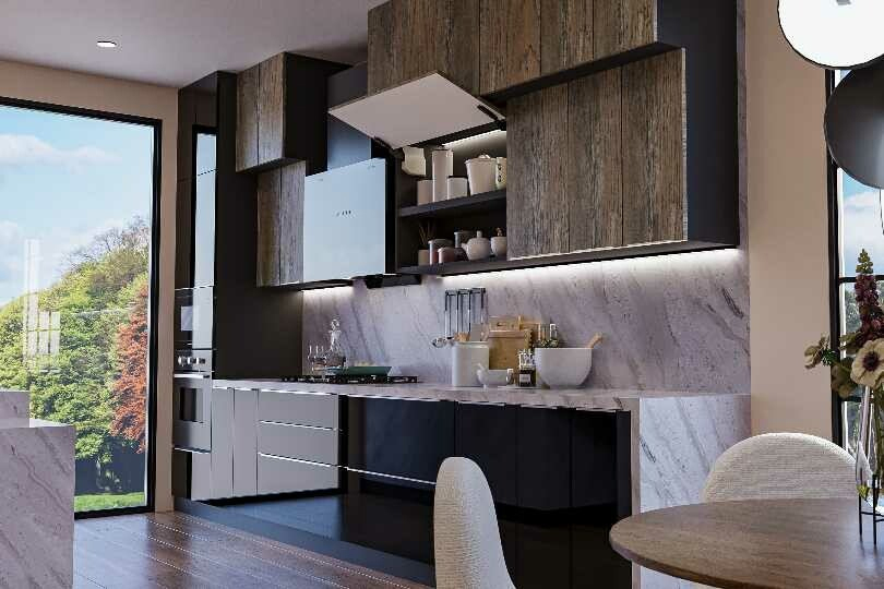 Island kitchen with rustic look stone finish1